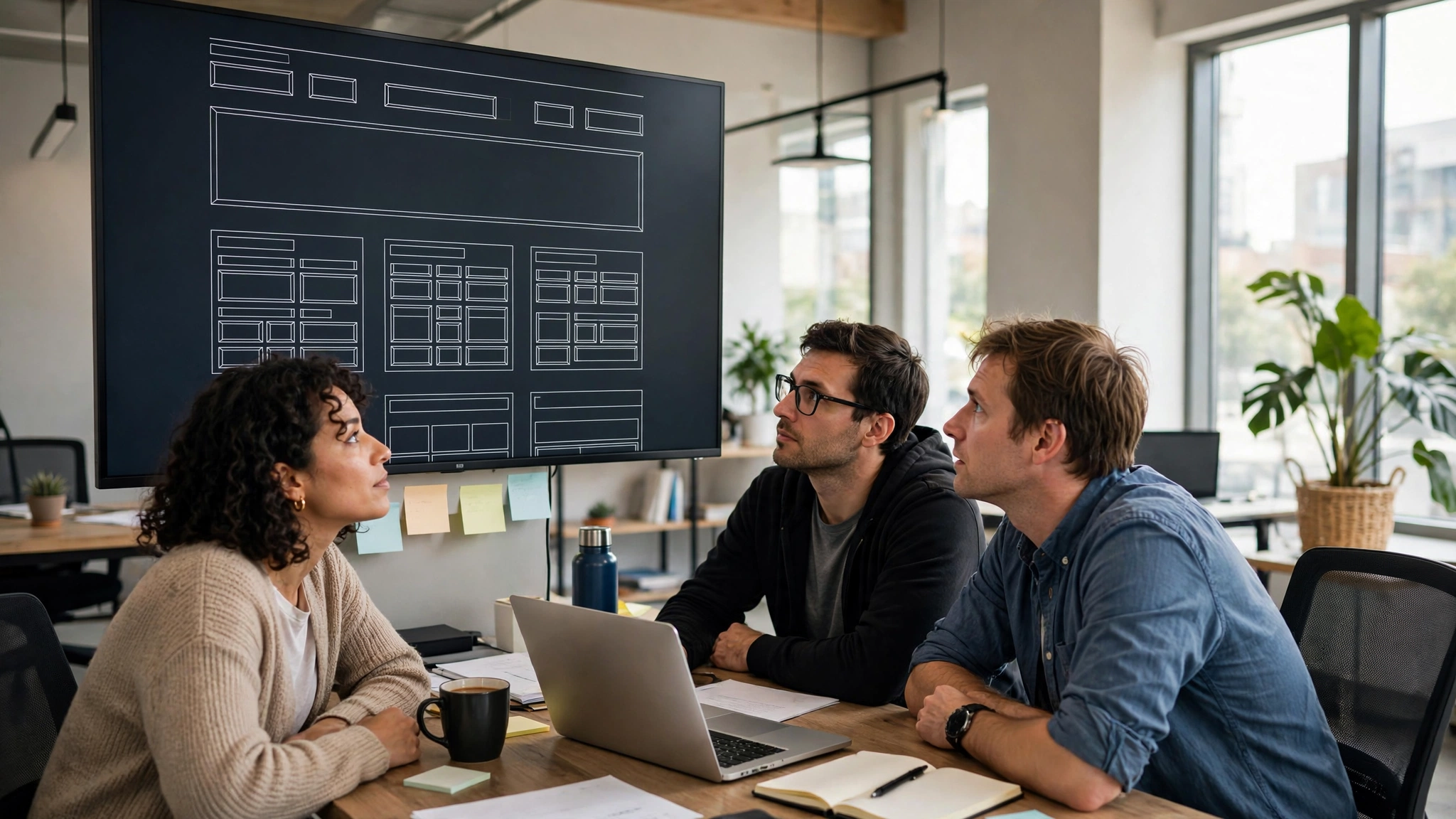 Webflow for SaaS: Why Startups Are Switching in 2026 1 SaaS startup team reviewing website wireframes and growth metrics