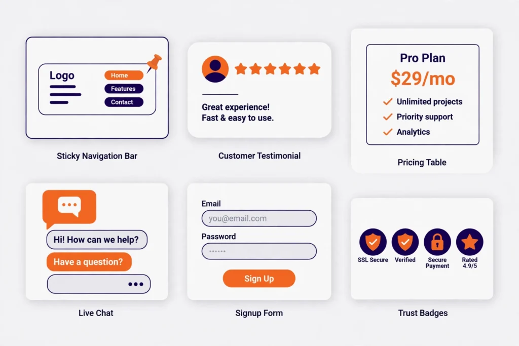 Top 10 Webflow Website Examples That Actually Convert (2026) 2 Webflow website conversion elements — sticky nav, testimonials, pricing tables and live chat patterns
